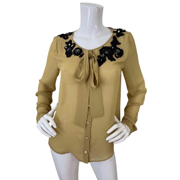 Robert Rodriguez Blouse Embellished Beaded Chiffon Tie Neck Top Size Small - Picture 1 of 6